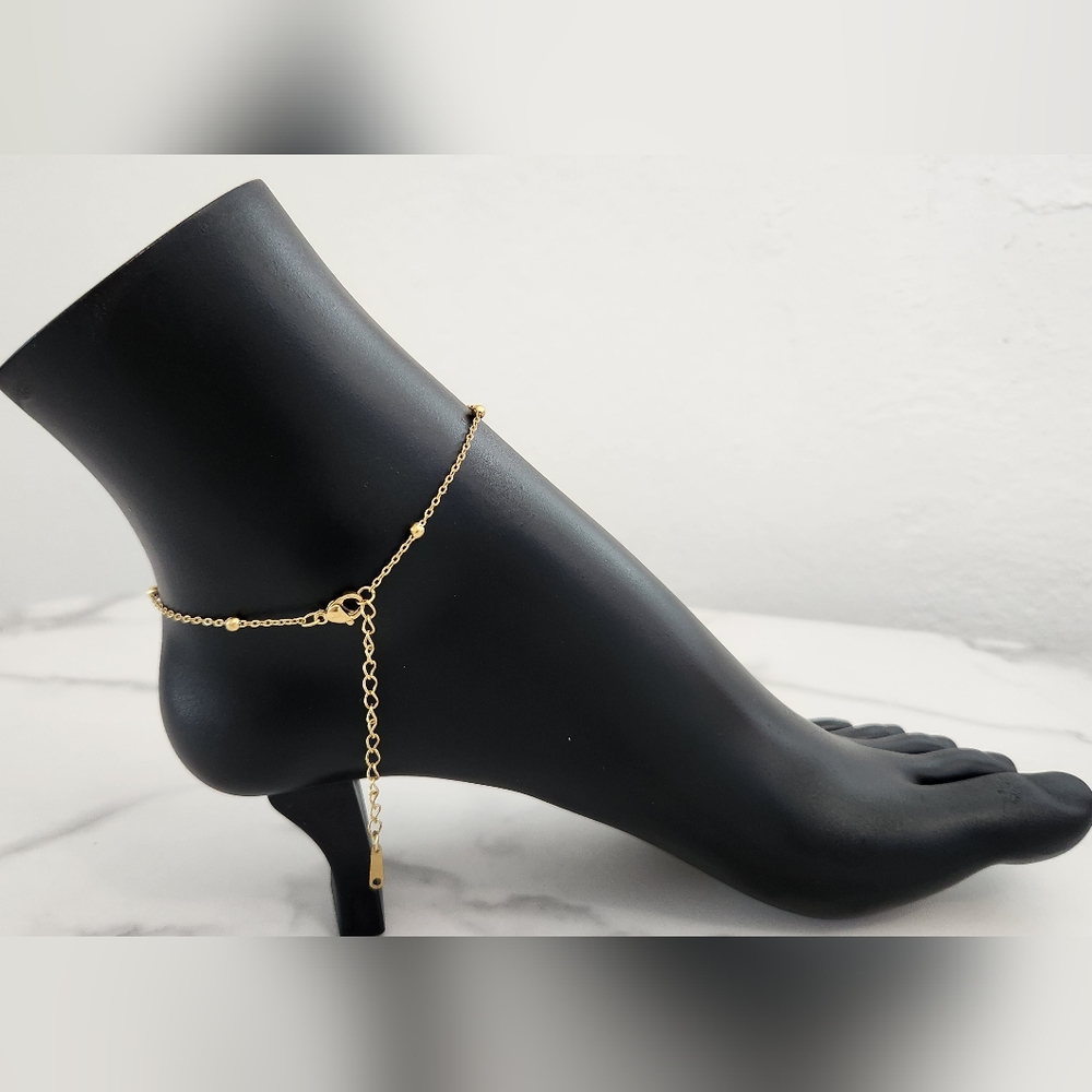 Gold Plated Bow Charm Beaded Chain Adjustable Dainty Anklet - Picture 9 of 12